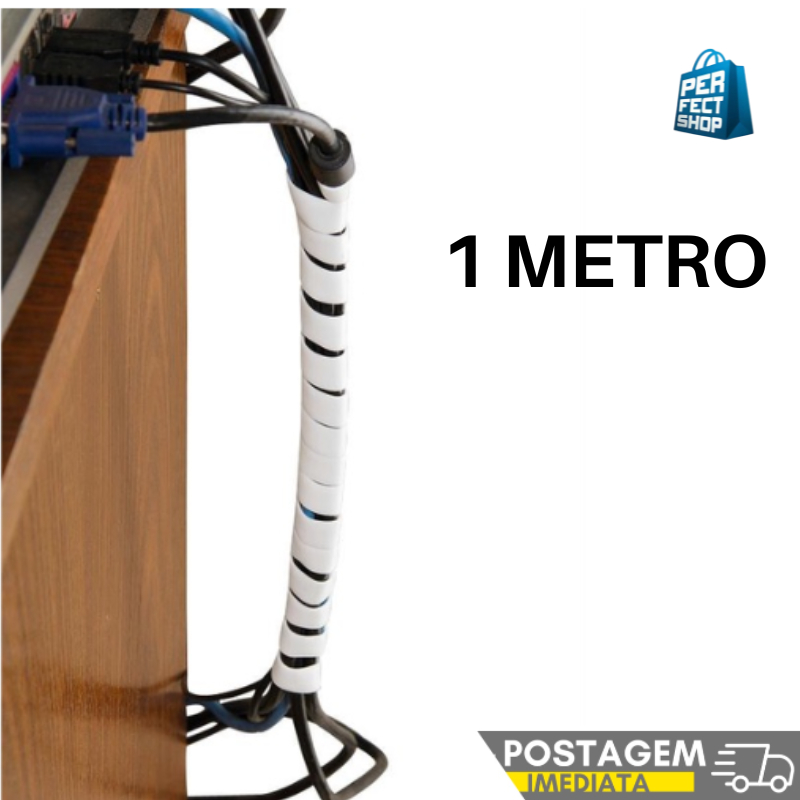 Organizador de Fios Cabos Espiral Japonês 1 METRO Branco, Preto 1M x 12.4 mm 1/2 Polegada