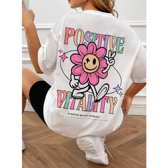 Camiseta Positive Vitality Flor Colorida Oversized Long Line Básica