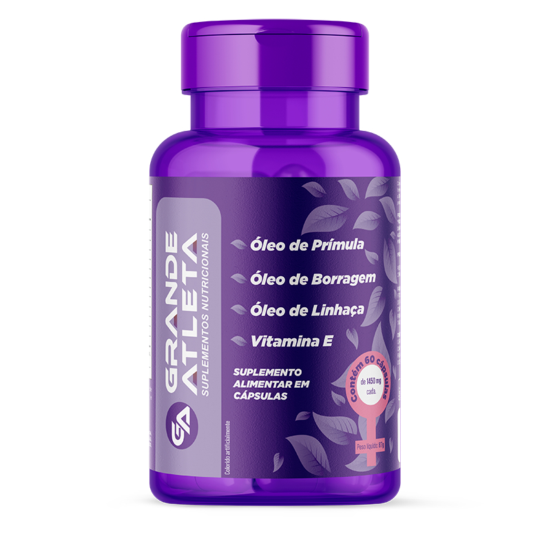 Suplemento para TPM e Menopausa: Óleo de Prímula + Borragem + Linhaça + Vit E - 60 Cp Grande Atleta