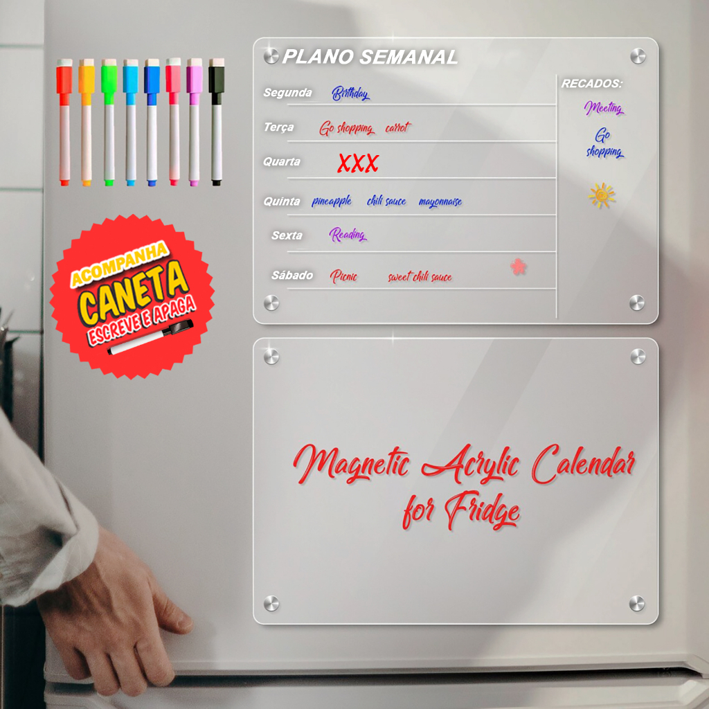 Ímã Geladeira Calendário de Acrilico Mensal Semanal Portas Recados Acrilico Transparente com caneta Escreve e Apaga