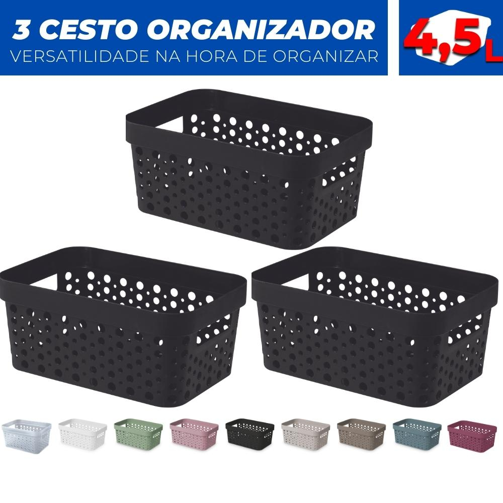 Kit 3 Cesto Organizador Trama Rattan s/Tampa 4,5L Multiuso de Plástico