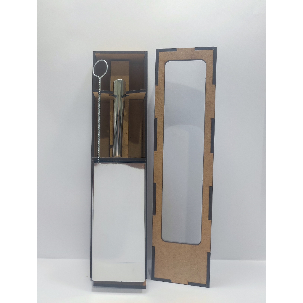 Kit Tereré Presente: Caixa Madeira + Copo Cuia quadrada 250ml INOX POLIDO + Bomba Mola Externa INOX POLIDA e Escovinha de Limpeza