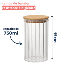 Pote Vidro Canelado Hermético 750ml Porta Mantimentos Com Tampa Bambu