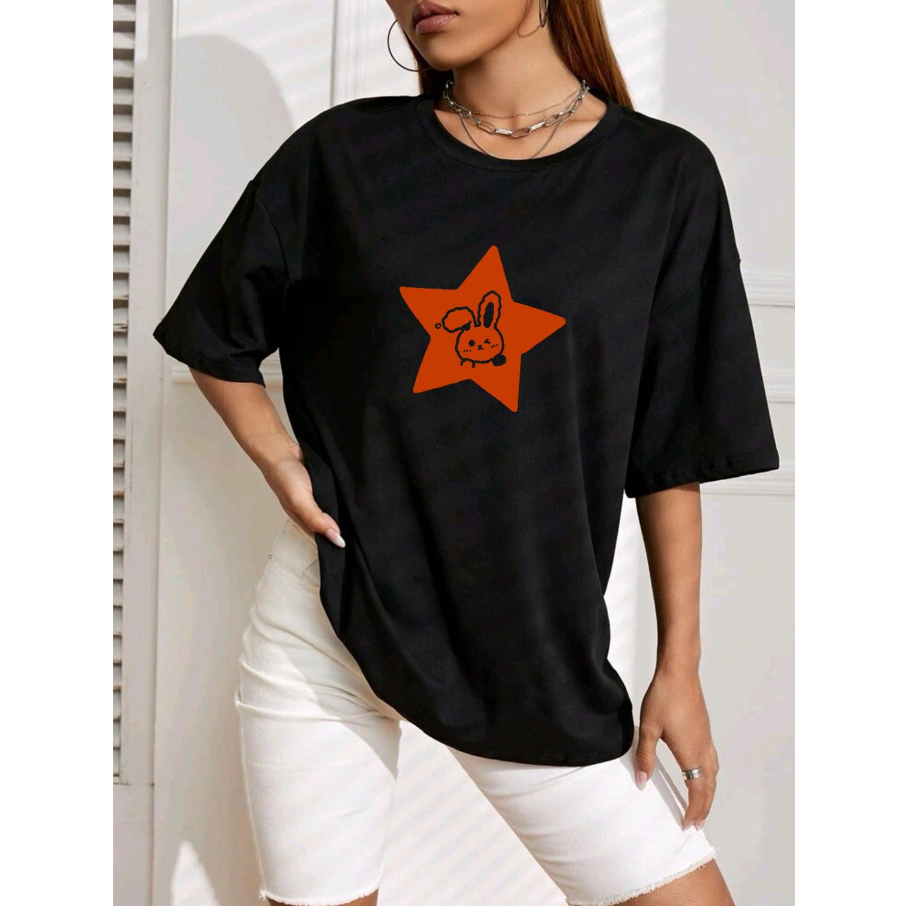Camiseta T-shirt Desenho Coelho Estrela Desenho Estampado Pixel Oversized  Aesthetic Feminino