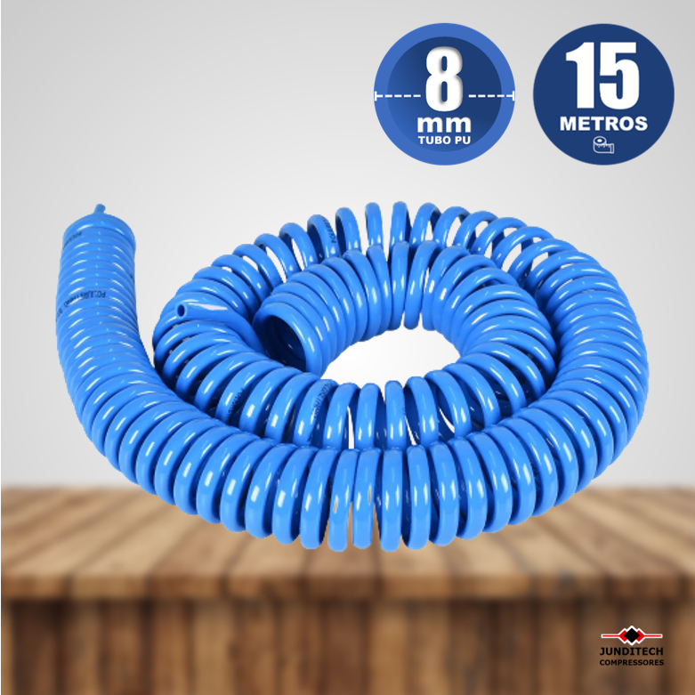 Tubo Espiral PU 8mm x 15 Metros até 10 bar (150 Libras) uso funilaria limpeza Ar Comprimido Compressor