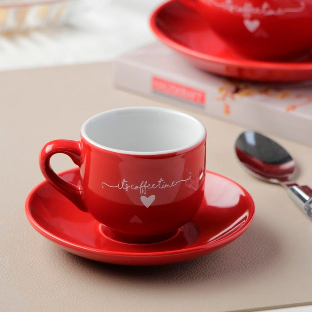 Jogo Xícara de Porcelana Para Café e Chá Com Pires 6 Peças 90mL Rosa Vermelha Azul Cinza L'Amour