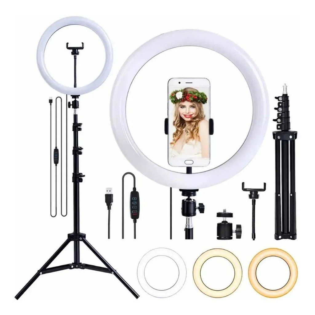 kit 2 Ring Light 10 Pol e 6 pol + 1 Tripé De Mesa e 1 tripé 2 metros + Suporte Celular