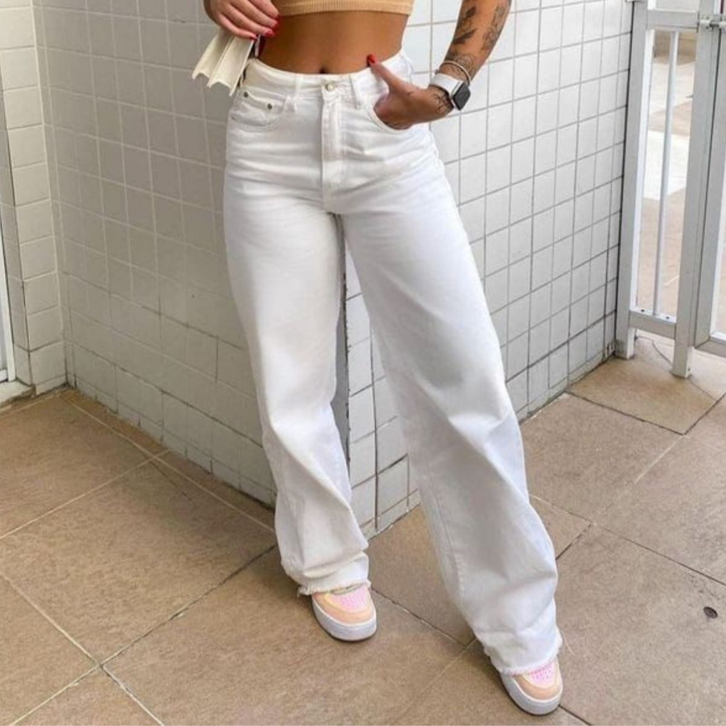 Calça Wide Leg Pantalona Jeans Branca Enfermagem Tecido Grosso - Não fica transparente Qualidade Premium Lançamento 2026