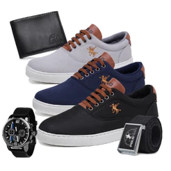 Kit 3 Tênis Polo Fran Sapatenis Masculino Casual + Relógio Carteira Cinto Miami
