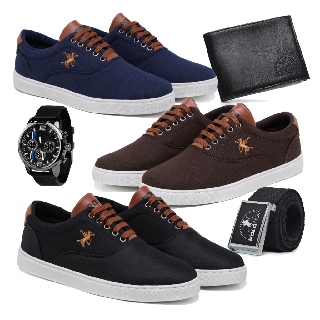 Kit 3 Tênis Polo Fran Sapatenis Masculino Casual + Relógio Carteira Cinto Miami em Oferta na Shopee