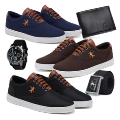 Kit 3 Tênis Polo Fran Sapatenis Masculino Casual + Relógio Carteira Cinto Miami
