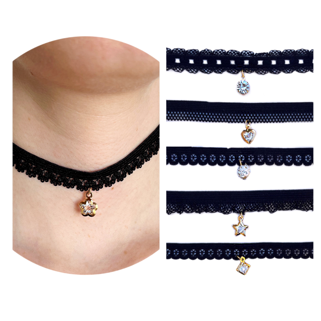 3 Colares Colar Gargantilha Choker Com Renda Rendinha Preto e Pingente Atacado