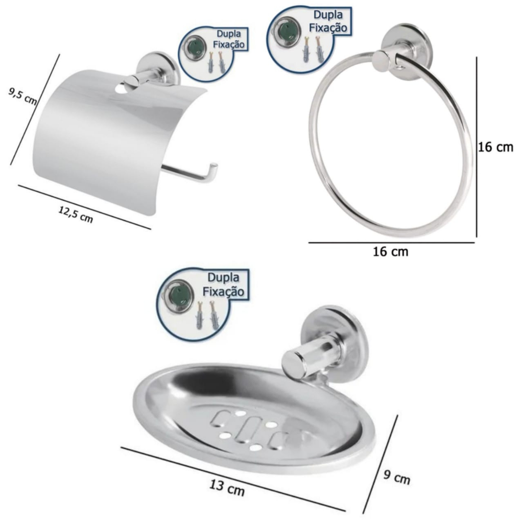 Kit Açessório 3 Peças Para Banheiro - Papeleira, Porta Toalha Rosto, Saboneteira.