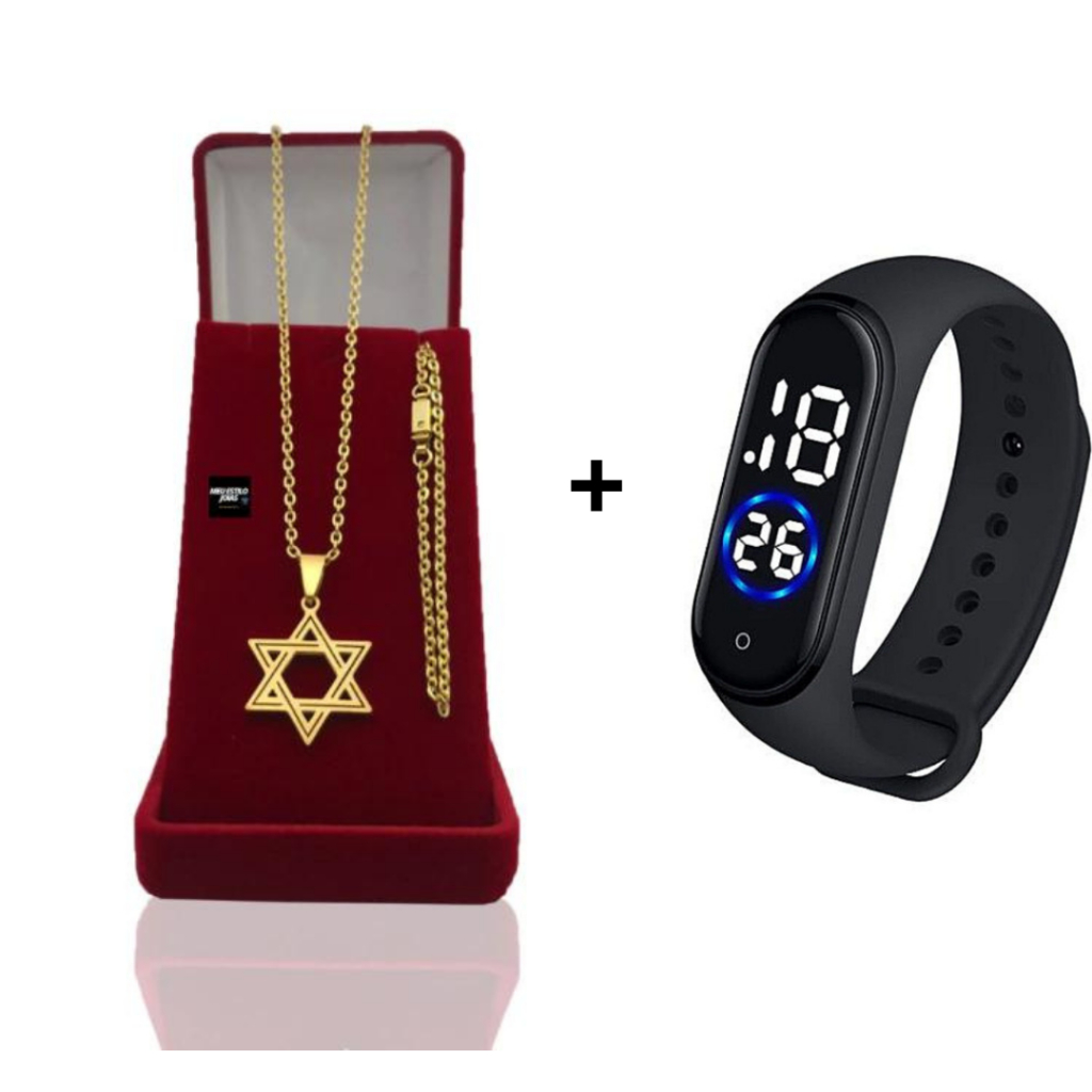 Corrente Masculina Cadeado 2mm banhado a Ouro + Pulseira Com Pingente Estrela De Davi + Relógio De Pulso Digital Com LED Prova D'água Correntinha Infantil