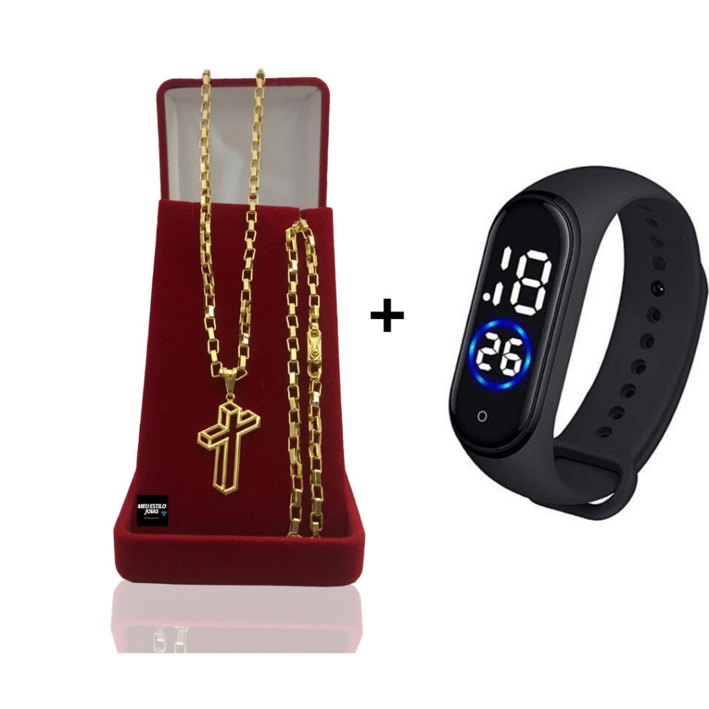 Correntinha Masculina Banhado Ouro Tijolinho 3mm Com Pulseira e Pingente Cruz 3 D + Relógio Digital Prova Dagua Correntinha Masculina