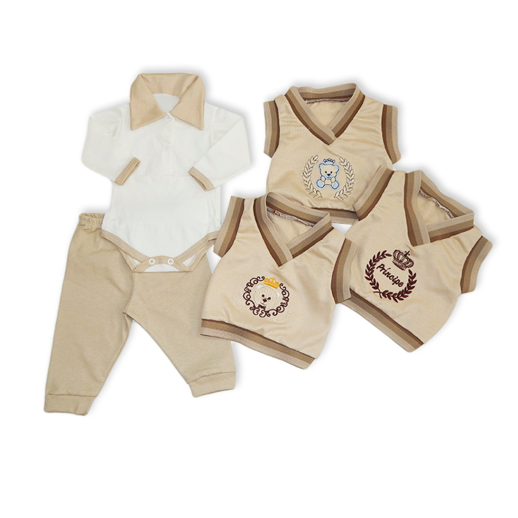 Conjunto Pagão Body Bebê Calça e Colete Bordado Sortido Menino Kit 3pçs