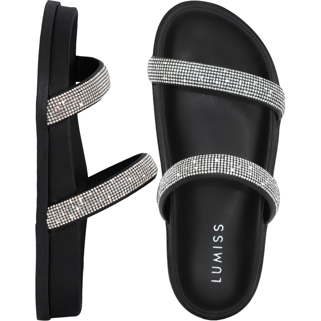 Sandália Papete Feminina Lumiss Flat Strass Brilho Cristal Confortável Anatômica Flatform Macia Slide Comfort em Oferta na Shopee