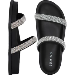 Sandália Papete Feminina Lumiss Flat Strass Brilho Cristal Confortável Anatômica Flatform Macia Slide Comfort