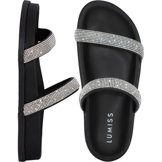 Sandália Papete Feminina Flat Strass Brilho Cristal Confortável Birken Anatômica Flatform Macia Slide Comfort
