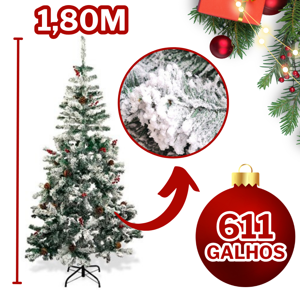 Arvore De Natal de Luxo 1,80m 611 Galhos Grande Verde Pinheiro Favorito Linha Premium Nevada Decoração Natal Pés Metal Alta