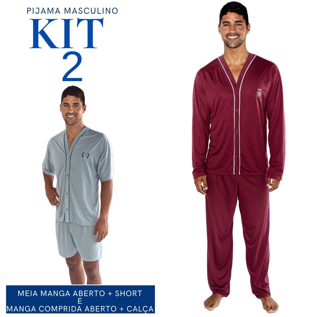 Kit Dois Pijamas Adulto Masculino Sendo 1 inverno e 1 Verão Com Abertura Por Botões