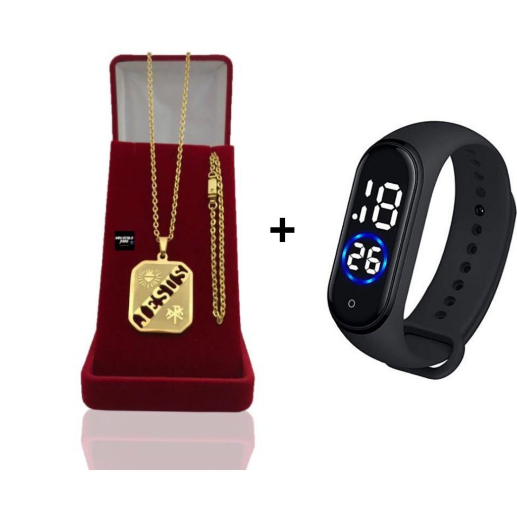 Corrente Masculina Infantil Cadeado Banhado Ouro 2mm Com Pulseira e Pingente Escrita Jesus Quadrado +  Relógio Digital Prova Dagua Correntinha Masculina Infantil