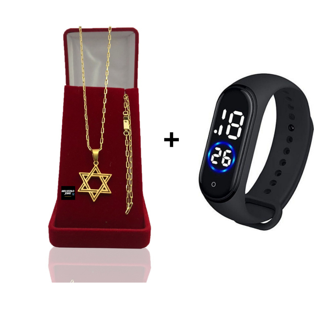 Corrente Masculina Infantil Banhado Ouro 2mm Com Pulseira e Pingente Estrela de Davi +  Relógio Digital Prova Dagua Correntinha Masculina Infantil