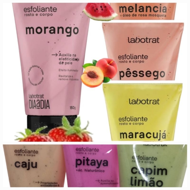 Esfoliante com Óleo de Rosa Mosqueta Rosto e Corpo Labotrat Dia a Dia 150 g Morango-Maracujá-Melancia-Pêssego-Caju-Capim Limão-Pitaya