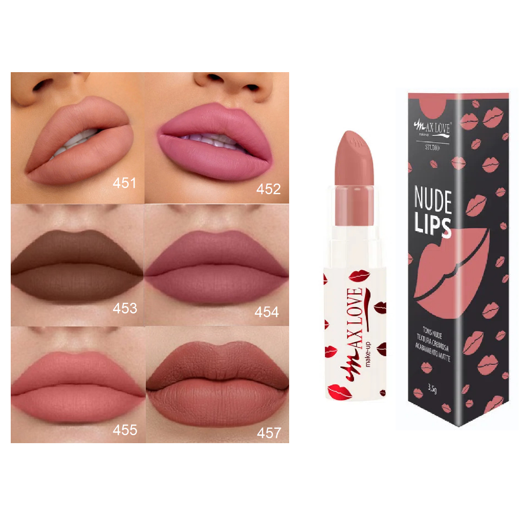 Batom Bastão Bala Max Love Tons Nudes Vermelho Vinho Rosa Cores Lindas Uso Dia a Dia Linha Nude Lips