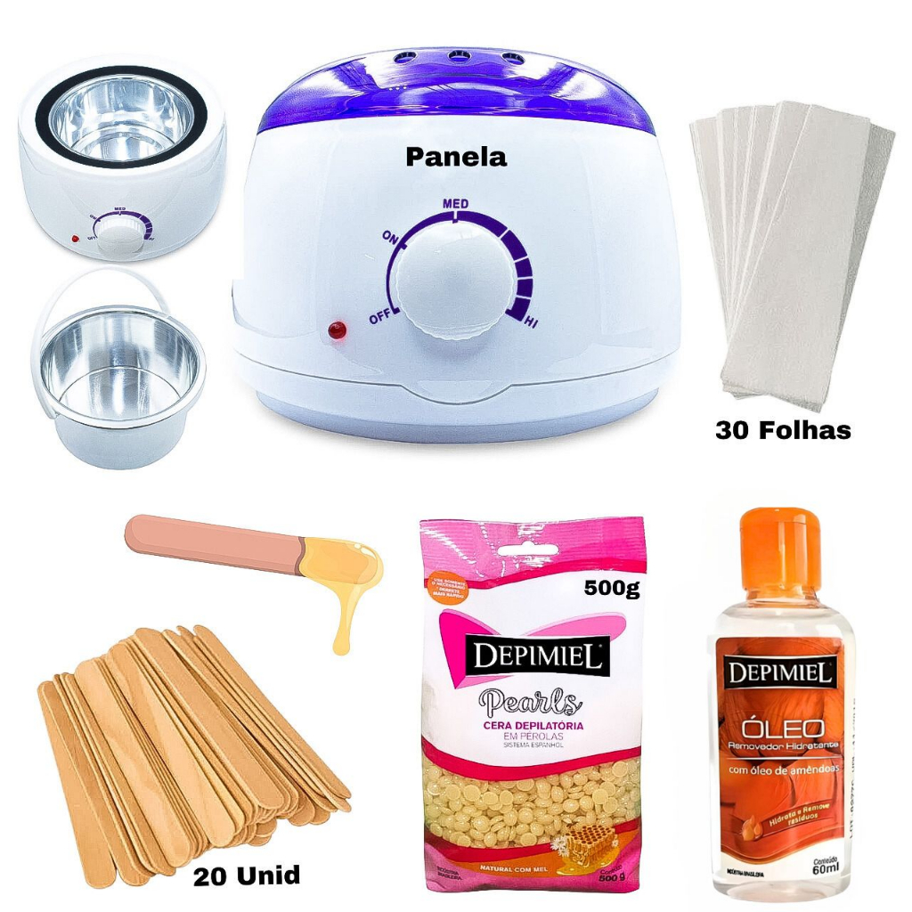 Kit Depilaçao Cera Quente Panela Elétrica + 500g Cera Perolada + Papel Removedor + Palitos