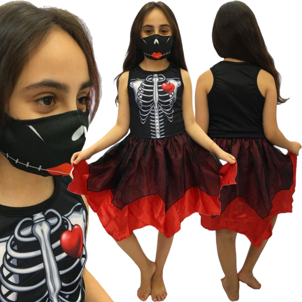 Fantasia Caveira Esqueleta Menina Infantil Criança Menina Roupa Halloween Terror Dia das Bruxas