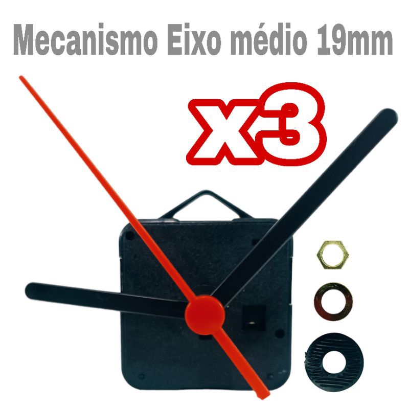 kit 3 Máquina Relógio De Parede Quartz Eixo 19mm + Ponteiros Comuns