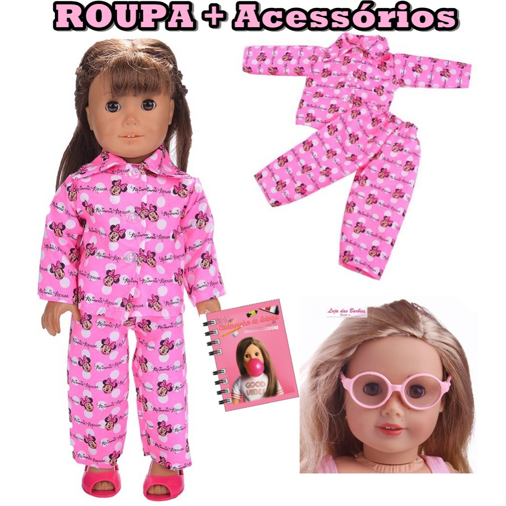 Kit Roupa Pijama e Acessórios P/ Boneca American Girl Our Generation Adora Baby Alive Bebê Reborn Óculos e Mini Diário 36