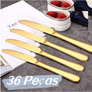 36 Peças Faca Talheres Aço Inox Posta Faca Dourado Stainless Steel Linha Luxo Bife Promoção