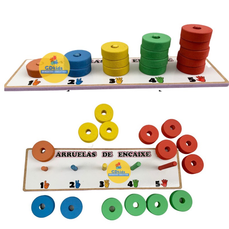 Arruelas de 1 a 5 Brinquedo Matemática em Madeira Números e quantidade Numerais Alfabetização Brinquedo Pedagógico Educativo em MDF