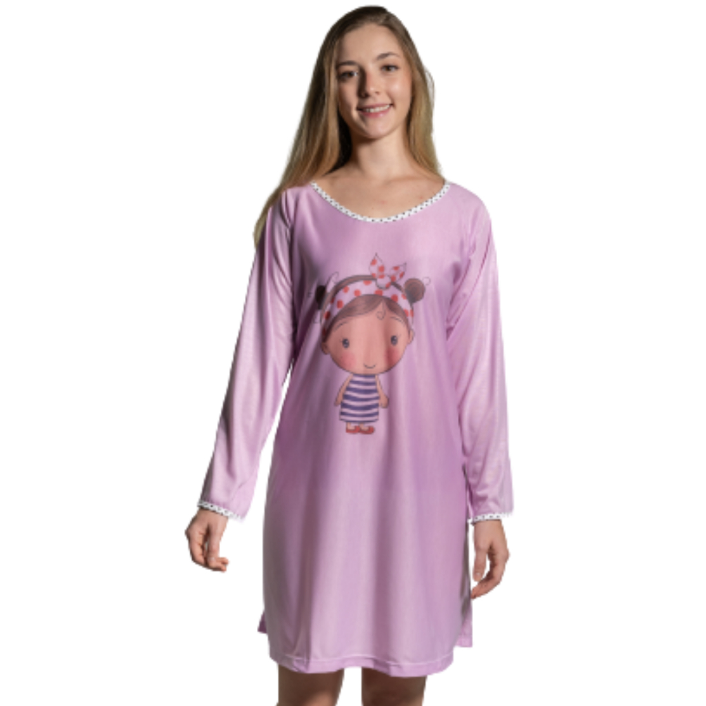 Camisola Camisetão Feminino Curto Adulto Conforto Manga Longa Desenhos Variados Malha Tecido Liso