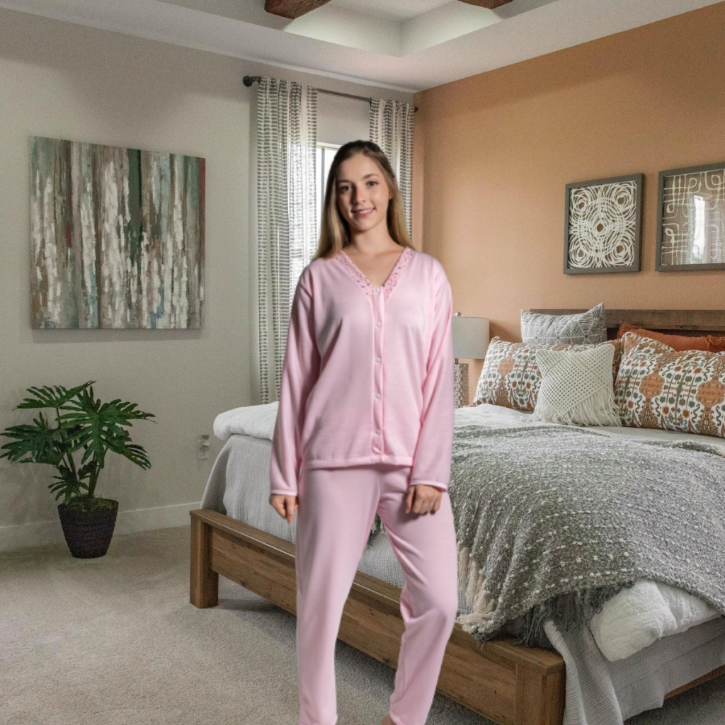 Pijama Longo Feminino Moletinho flanelado decote V estampado inverno Quentinho confortável