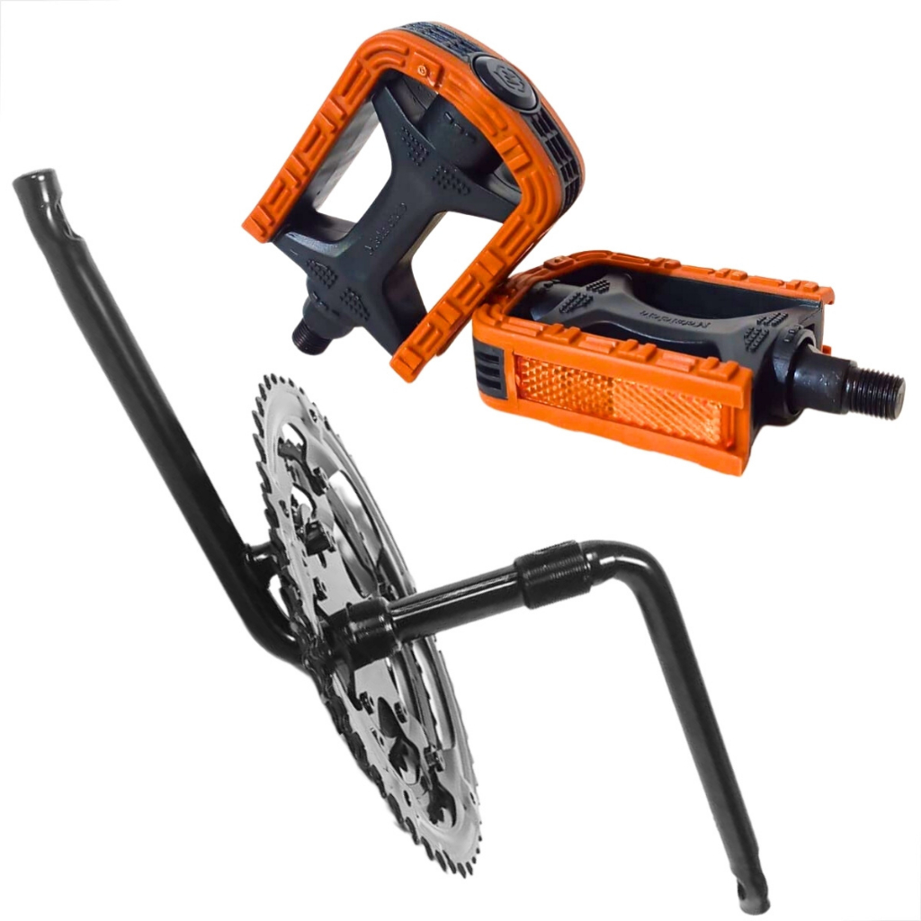Kit Pé de Vela Bike Pedivela Monobloco Coroa 28/38/48D Pedal Par Bicolor Rosca Fina 1/2" Sueco