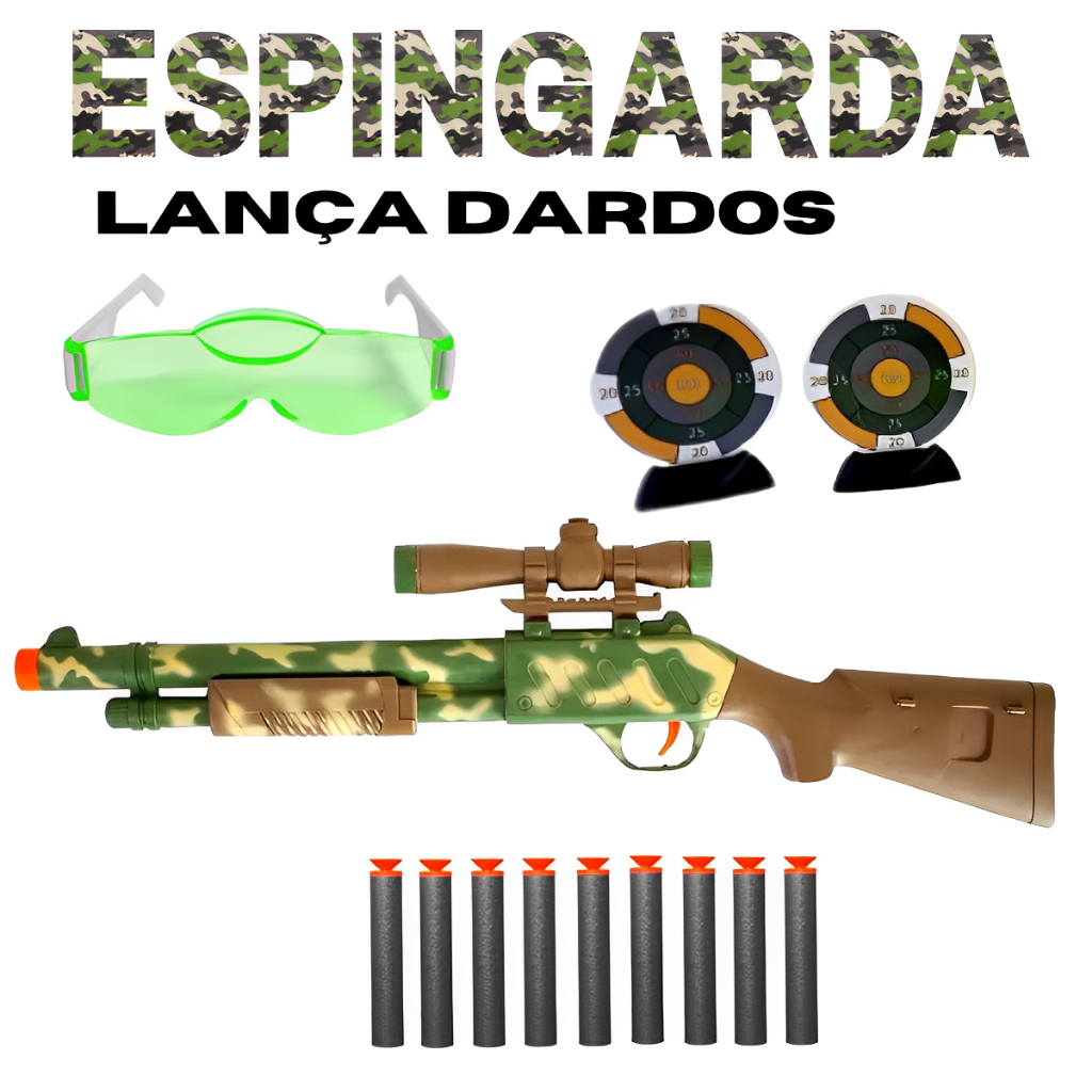 Lança Dardos CAMUFLADO Arma de Brinquedo Lança Dardos tipo NERF Arma Lançador de Dardos Estilo NERF Modelo Espingarda 12 Camuflada com 8 Munições Óculos Alvos e Dardos