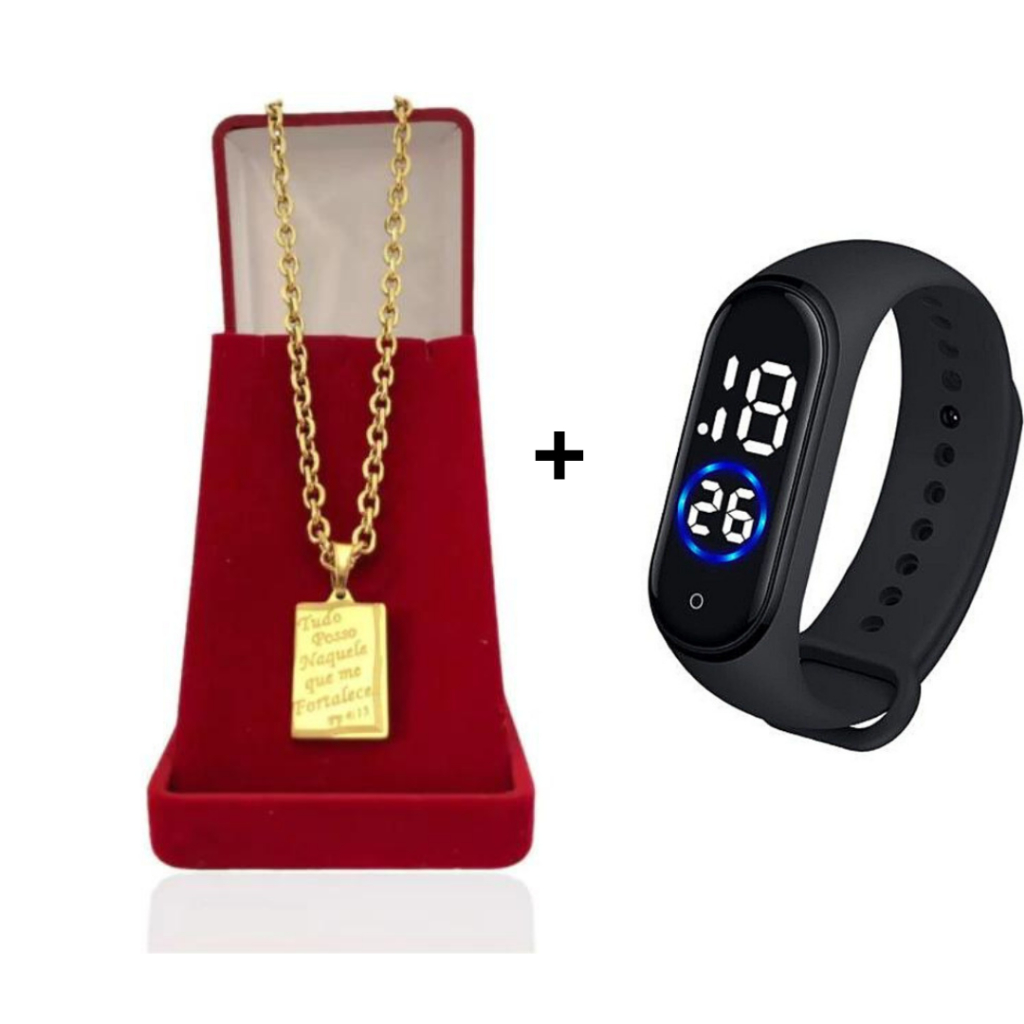 Corrente Masculina Cadeado 8mm + Pulseira e Pingente Tudo Posso  Banhado a Ouro 18k +  Relógio De Pulso Digital Com LED Prova D'água Cordão Masculino