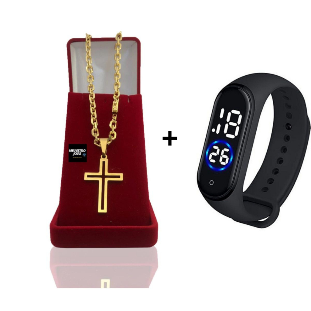 Corrente Masculina Cadeado 8mm + Pulseira e Pingente Cruz Americana  Banhado a Ouro 18k +  Relógio De Pulso