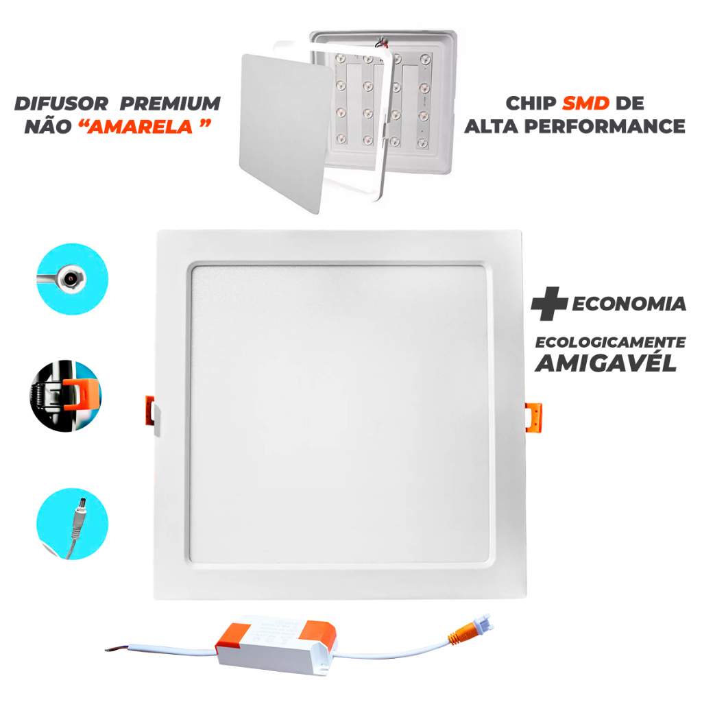 Plafon Led 18w Embutir Luminária Borda Branca - Quadrado - KIT 2