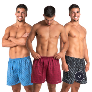 Kit 3 Short Samba Canção Cueca Pijama Confortável Malha Estampado Moda Íntima Masculina Promoção 334