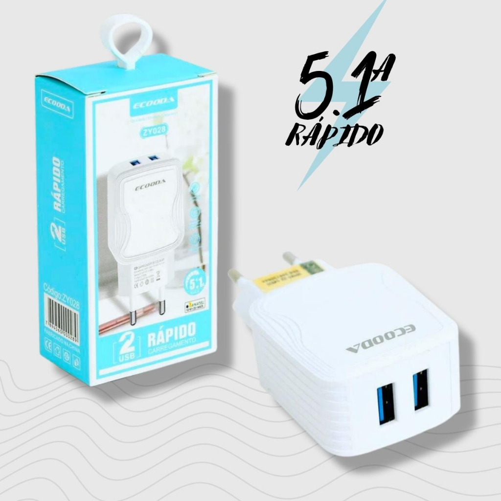 Carregador Rápido 5.1A com 2 Entradas Carregamento Rápido USB Original Carregador para celular