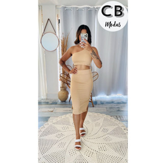 Conjunto Canelado Feminino Saia Midi + Cropped Um Ombro Só Mula Manca