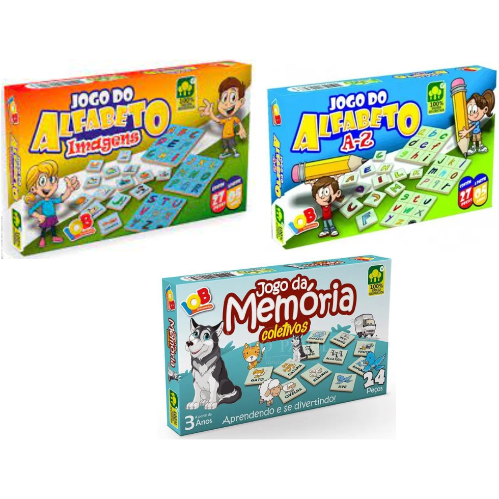 3 Jogo da Memória Coletivos + Alfabeto Imagens + Alfabeto AZ IOB Brinquedos dia das Crianças Brinquedo para o dia das Crianças Presente cognitivo para alfabetização Estimula o interesse pela matematica Auxilia o aprendizado de forma lúdica