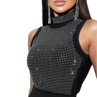Body cavado gola alta aplicação brilhos poliéster feminino fashion