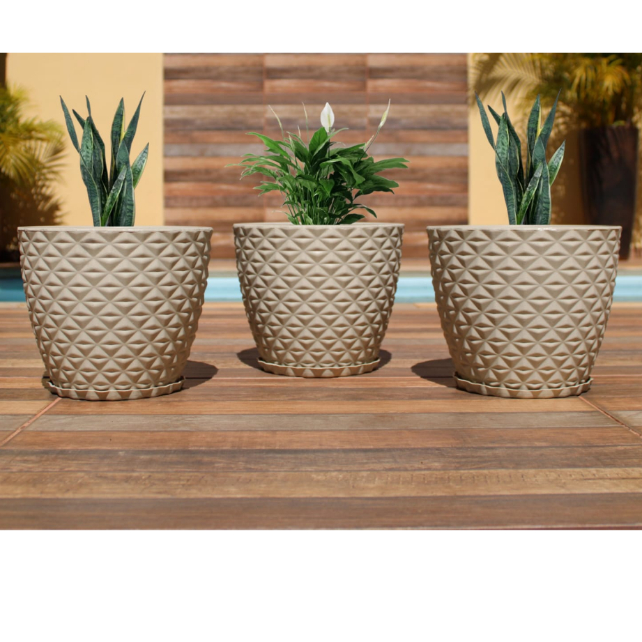 Kit 3 Vasos Polietileno Para Plantas Decorativo Bojo Diamante N1 (24x20) Com Prato em Oferta na Shopee