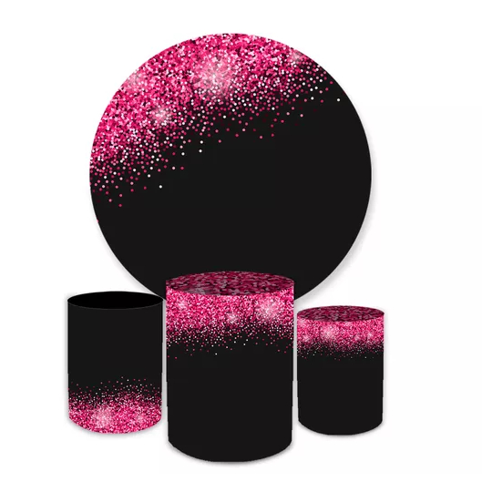 Kit Decorativo Painel Redondo C/ Elástico + Trio Capa Cilindro Veste Fácil Glitter Preto com Rosa