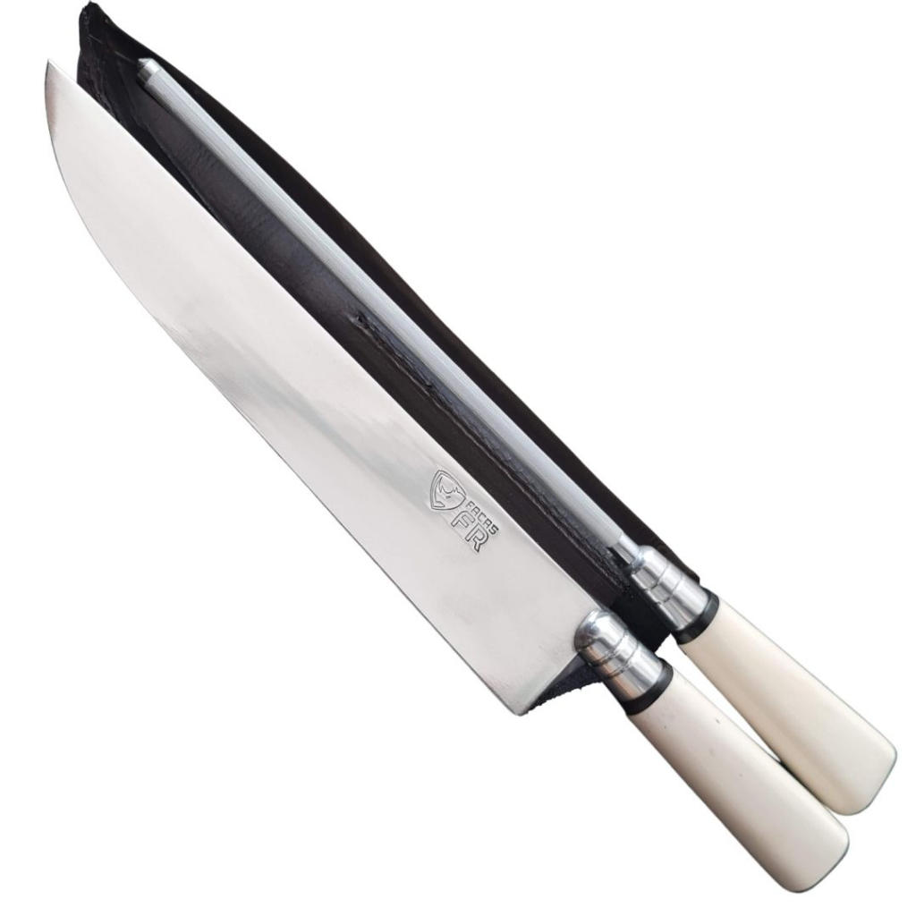 Faca e Chaira Churrasco Artesanal Bainha em Couro Inox Cabo Osso 10 Polegadas